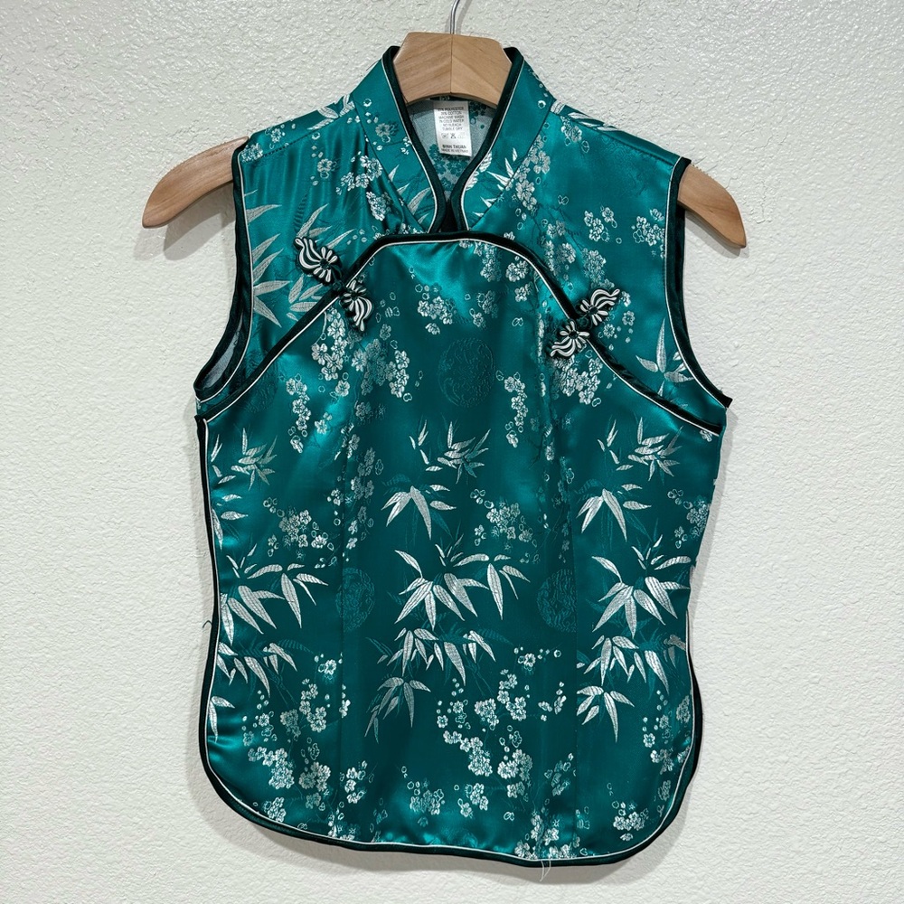 chinese green asian oriental floral print satin short sleeve top vest blouse